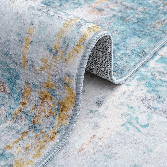 Ompaa Living Room Rug 5x7 Blue Area Rug Machine Washable Boho Rug Non Slip Abstract Vintage Indoor Large Rugs for Bedroom, Classroom, College Dorm, Farmhouse, Dining Room, Kids Playroom