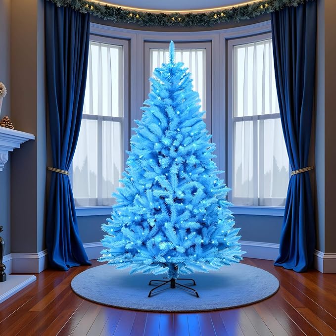 YULETIME 6.5ft Pre-Lit Blue Christmas Tree, Artificial Holiday Decorative Tree with UL Listed 300 Blue LED Christmas Lights (Blue)