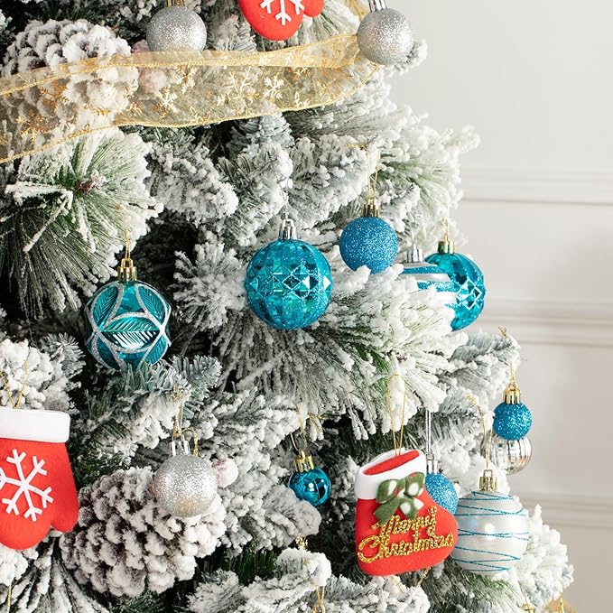 100Pcs Christmas Ball Ornaments Set, Shatterproof Plastic Blue and Silver Christmas Ornaments for Xmas Tree, Assorted Baubles Hanging Decorations for Holiday/Party/Wedding