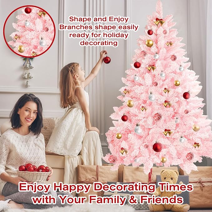 6ft Premium Hinged Artificial Holiday Christmas Tree for Home, Office, Party Decoration Snow Flocked Xmas Pine with 1,000 Branch Tips, Easy Assembly, Metal Hinges & Base (Pink)