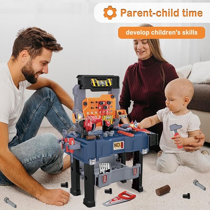 PIXATA Kids Tool Bench, Realistic and Electric Drill, Transformable Tool Set, Toddler Bench Pretend Play Learning Gift for Boys & Girls