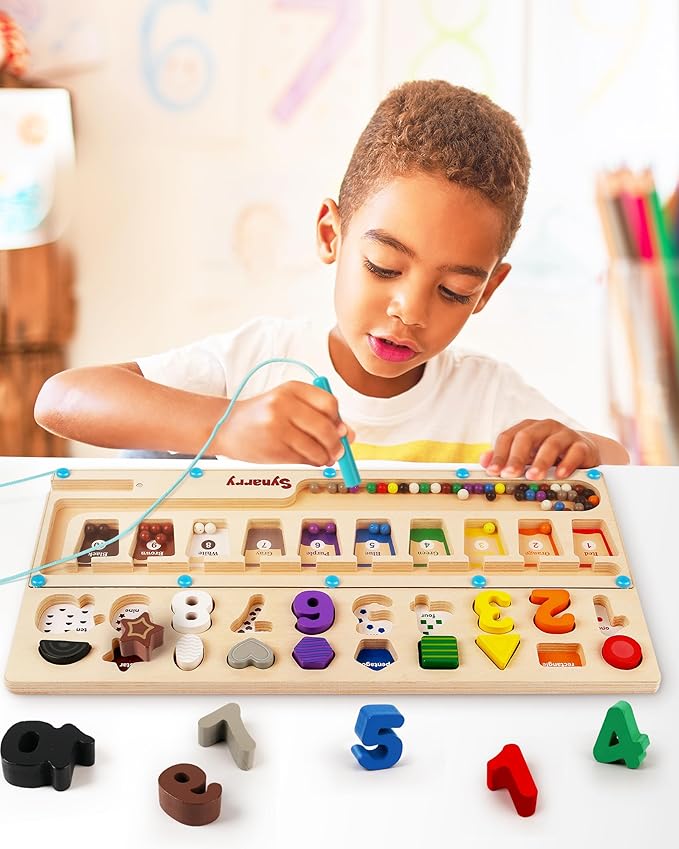 SYNARRY 3 in 1 Montessori Toys for 3+ Year Old, Educational Magnetic Color and Number Maze, Shape & Number Wooden Puzzle Counting Learning Toys for Toddlers 3-5 Years, Preschool Learning Activities
