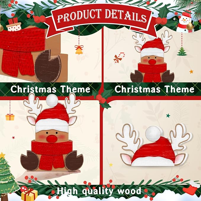 Britimes 4 Pcs Christmas Reindeer Table Decor Christmas Tiered Tray Decorations Set Red Nose Reindeer with Scarf Block Signs Gift Rustic Farmhouse Tabletop Decor for Table & Home Office