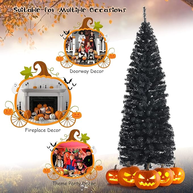 HAPPYGRILL 6 Feet Black Pencil Christmas Tree, Artificial Skinny Xmas Tree with Metal Stand, Realistic Unlit Pine Tree with 520 Branch Tips for Indoor Outdoor