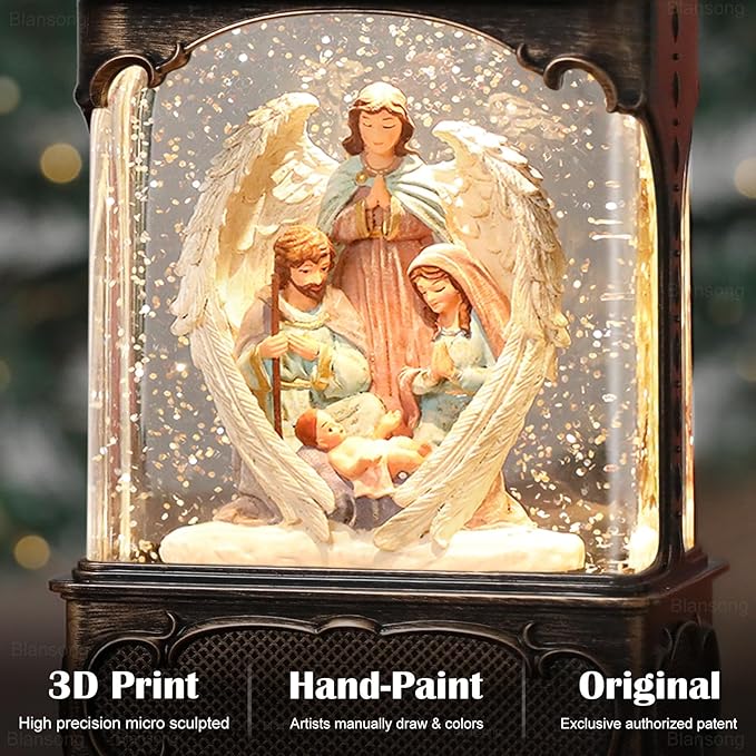 Nativity Snow Globe Lantern Christmas Decorations Gifts Auto Snowfall Glitter Music Collection Angel Nativity Scene with 6H Timer USB/Battery Powered 10.2 inch