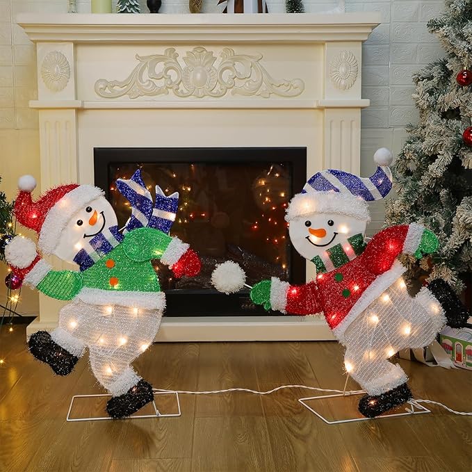 Hausse Set of 2 Lighted Snowmen Christmas Decorations, Pre-Lit 2D Tinsel Cute Snowman Snowball Fight with Lights, Light Up & Plug in for Indoor Outdoor Xmas Winter Holiday Yard Lawn Garden Decor