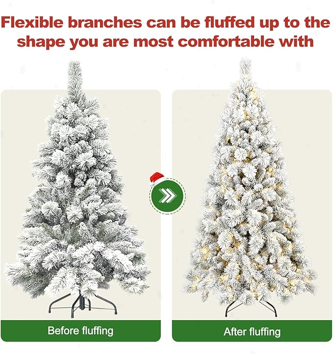 7.5 Ft Unlit Snow Flocked Christmas Tree, Artificial Xmas Tree with 1252 PVC/PE Realistic Branch Tips, Metal Stand Decor for Holiday, Party, Home Easy to Assemble
