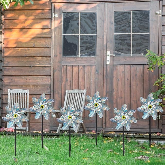 12 Pcs Reflective Pinwheels with Stakes, Sparkly Garden Pinwheels, Silver Wind Spinners for Yard and Garden