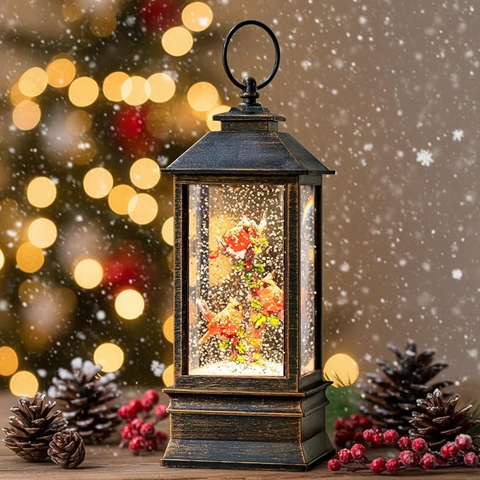 10" Snow Globe Lights, Shimmering Music Box, USB and Battery Powered Christmas Decorations Gift (Three Cardinals)