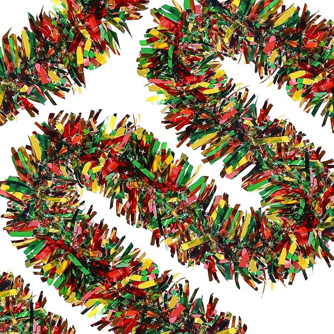 50ft Metallic Twist Tinsel Garland - Shiny Hanging Ornaments for Christmas Tree & Holiday Home Decoration - Red, Green, Gold
