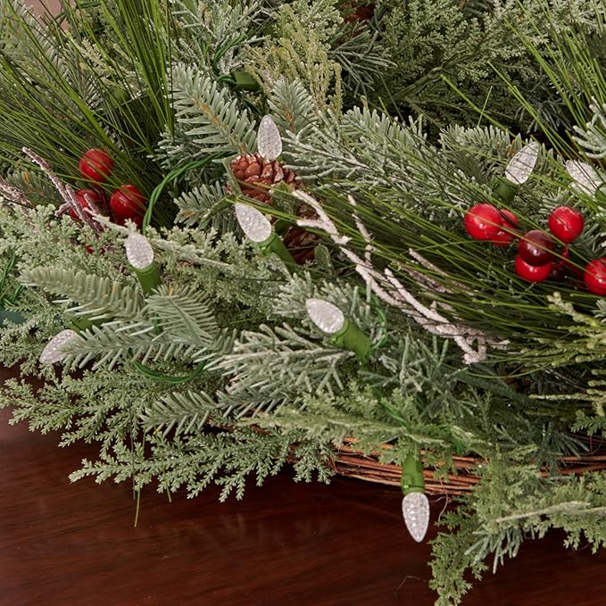 Pre-lit Christmas Wreath for Front Door, Flocked Branches, 30 Inch Battery Operated 50 LED Lights, Decorations for Indoor & Outdoor Green