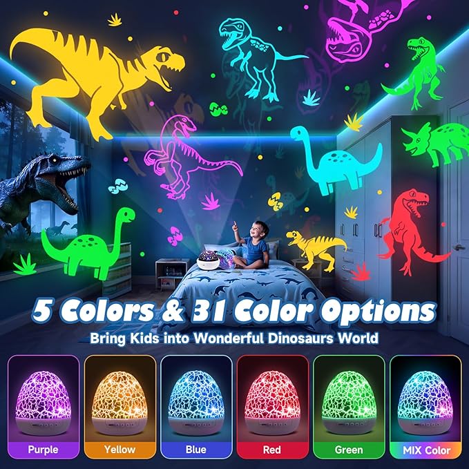 PIKOY Dinosaur Toys for Kids 3-8 Night Light Projector Dinosaur Eggs | 15 Sounds & 3D Films | 31Colors & Remote Control | Toddler Toys, Boys Room Decor, STEM Educational Gifts