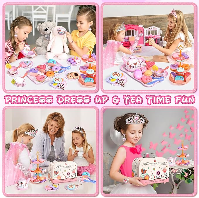 Tea Party Set for Little Girls, 63Pcs Pretend Play Toys, Princess Dress Up Tea Time, Tin Tea Sets for Toddlers 3-5 6 with Dessert, Carrying Case, Kids Kitchen Playset, Birthday Gift for Toddler Girls