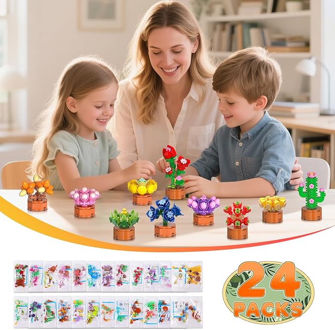 24 Pack Flowers Succulent Party Favors for Kids Building Set - 1012PCS Botanical Bonsai 3.6MM Mini Building Blocks Toy for Classroom Prizes Easter Basket Stuffer Birthday Gift for Girl Boy 6+
