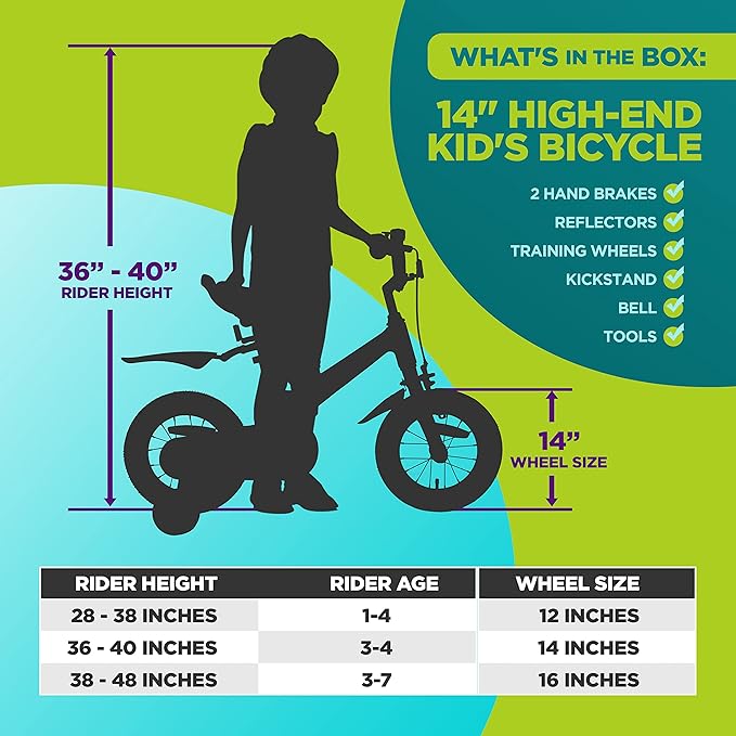 SereneLife Kids Bike with Training Wheels - Toddlers Bicycle w/Adjustable Seat Height, Alloy Steel Frame, Dual Brake System, Full Chain Guard, Reflector, Bell, Kickstand