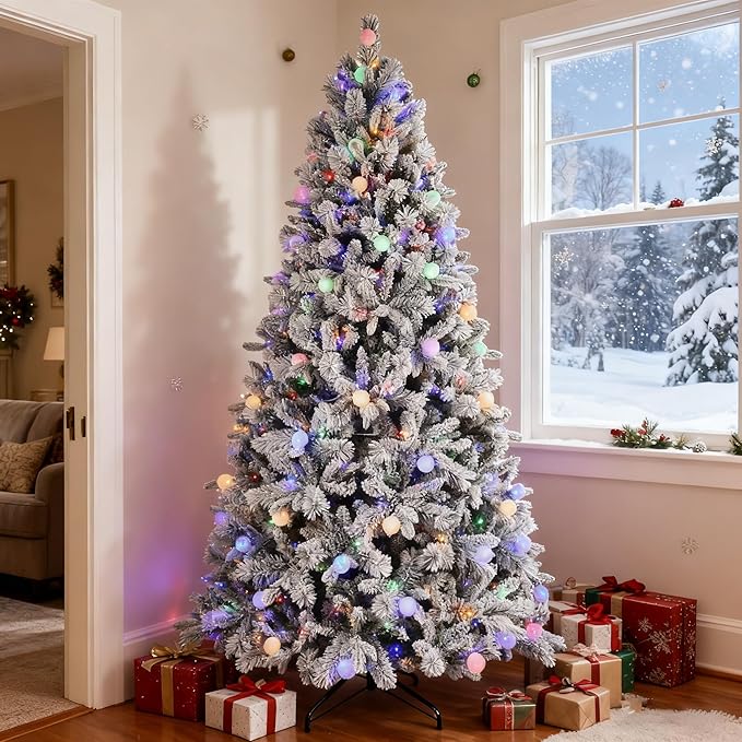7.5 ft Prelit Flocked Christmas Tree with 400 Multi-Color Changing RGB LED Lights, Twinkle Artificial Christmas Tree with 1523 Tips