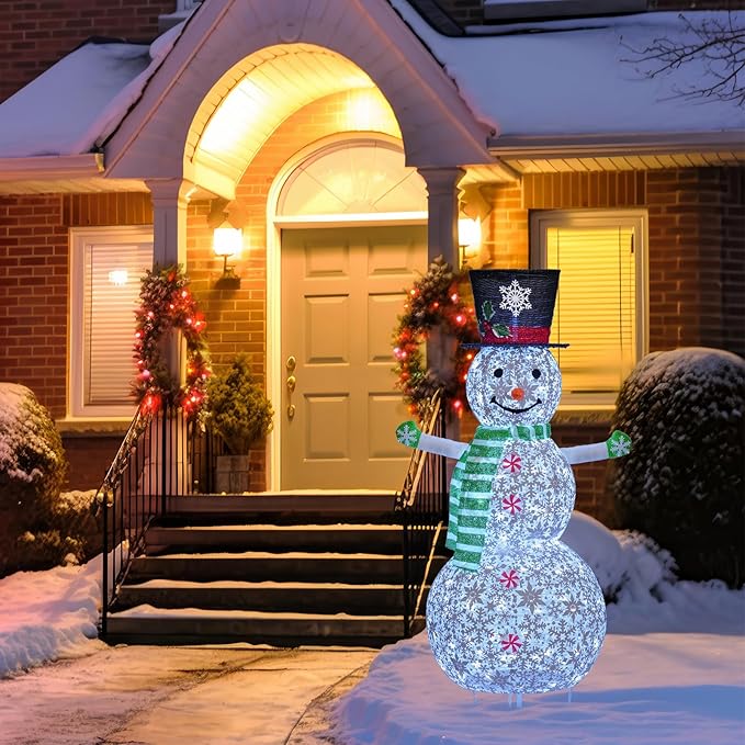 Lighted Snowman Christmas Decorations, 4.1FT Large Collapsible Outdoor Snowman with Green Scarf and Vest, Pop Up Snowman for Indoor/Outside Yard Xmas Lawn Decor