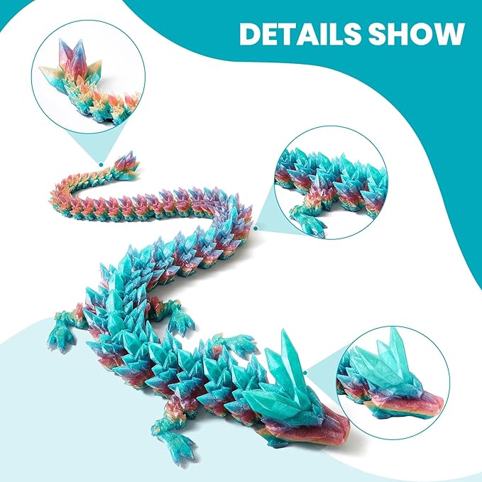 30'' 3D Printed Dragon - 3D Printed Toys, Articulated Crystal Dragon Large Rainbow Animal Fidget Toy, Decor Huge Dragons Collectible Figurines(Mixcolor2,30inch)