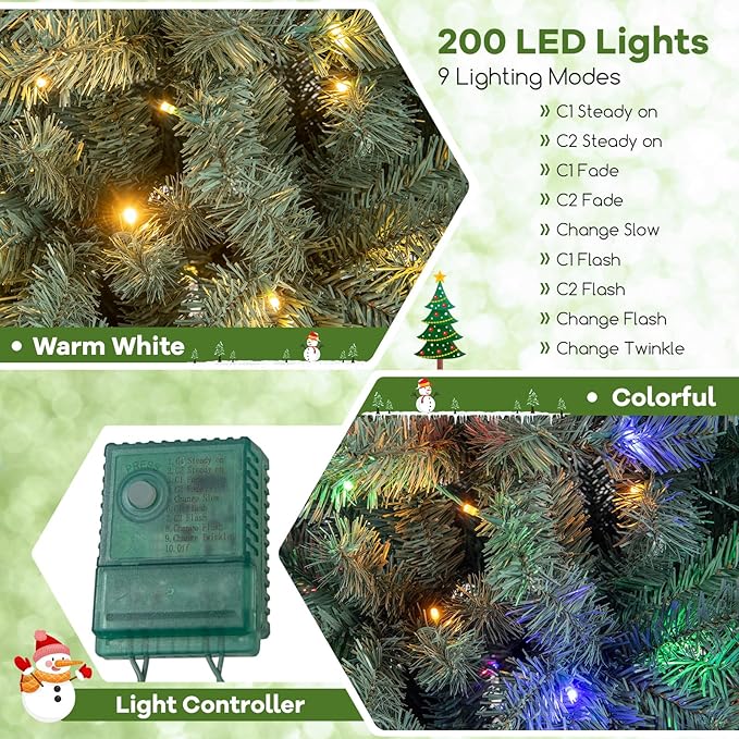 GOFLAME 6.5FT Pre-Lit Pencil Christmas Tree, Hinged Artificial Xmas Tree with 556 Branch Tips, 200 LED Lights, 9 Lighting Modes & Folding Metal Stand, Slim Holiday Decoration Tree for Home Party