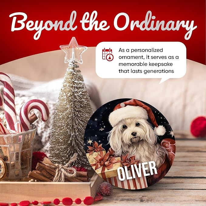 Maltese Personalized Dog Ornament - Pet Ornament for Christmas Tree - 3" Round Ceramic - Printed in USA - Choose from 200 Breeds - Dog Mom & Dad - Xmas Decoration DOG0141