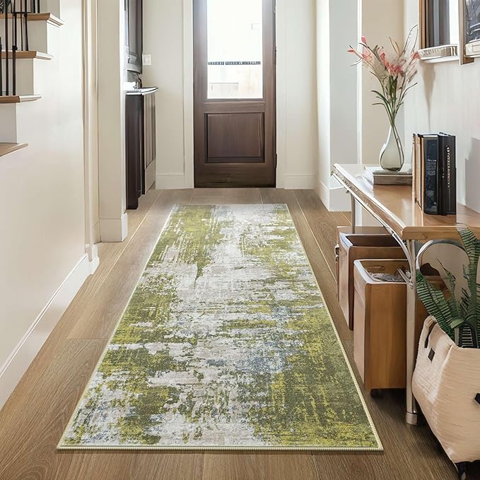 2x6 Sage Green Rug Runners for Hallways Kitchen Runner Rug Non Slip Washable Long Runner Rugs with Rubber Backing Soft Abstract Carpet Runner for Hallways, Kitchen, Bathroom, Entryway