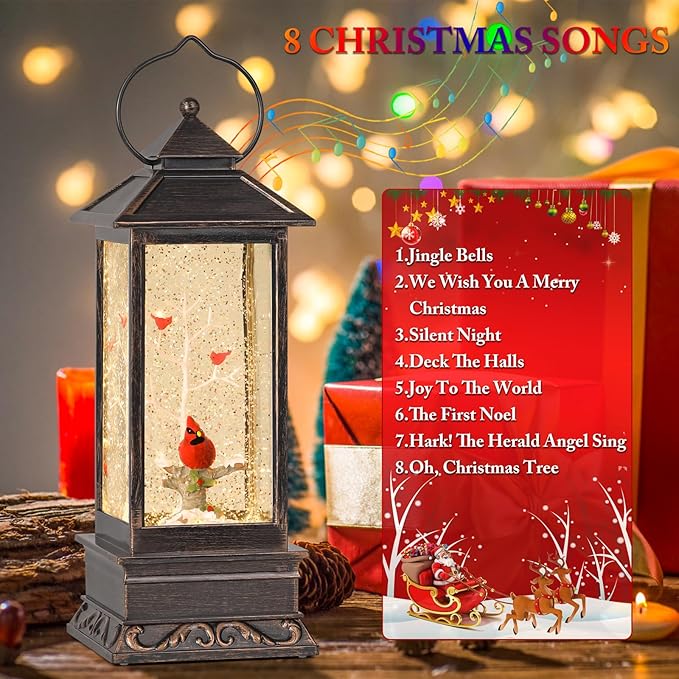 Cardinal Christmas Decorations, 12 Inch Musical Snow Globe Lantern, Lighted Christmas Snow Globes with Swirling Glitter, Cardinal Snow Globe USB and Battery Operated Lantern for Home Decor