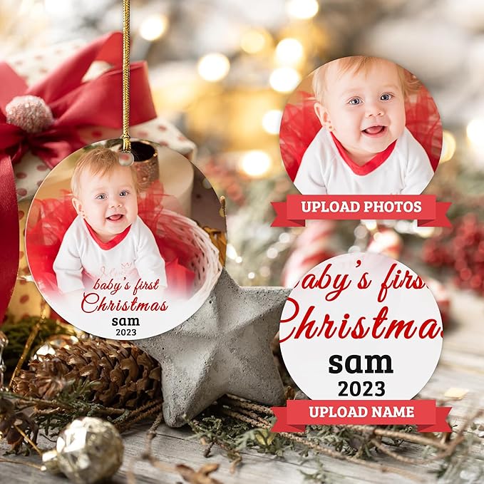 Personalized Baby's First Christmas Ornament 2025, Custom Baby 1st Photo Picture & Name Ornaments Gifts for New Mom Dad, Newborn Babies Girls Boys Personalized Family Christmas Tree Decoration Gifts