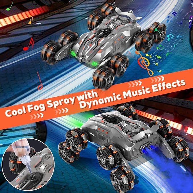 8WD Remote Gesture Sensing Stunt Control Car with Light Spray Effect, Music & Automatic Demonstration 8 Wheel 360°Flip Double Sided Rotate Stunt Car, 2.4Ghz RC Vehicle Toy for Age 3-6 7-13 Kids Gifts