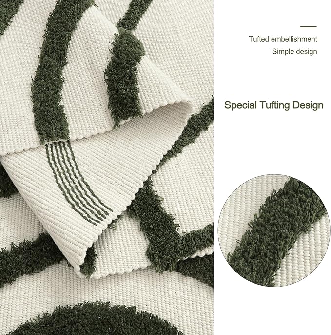 OJIA Washable 5'x8' Area Rugs, Green Tufted Sun Rug Living Room Rugs, Cotton Boho Bedroom Rug Farmhouse Nursery Rug Bohemian Floor Carpet for Playroom/Nursery/Classroom/Kids Room