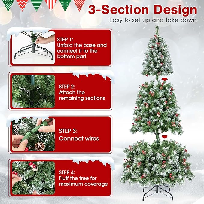 Goplus 6.5ft Pre-Lit Christmas Tree, Artificial Hinged Xmas Tree with 420 Warm-White LED Lights, 8 Lighting Modes, 909 Branch Tips, Red Berries & Pinecones, for Holiday Party Office Home Decor