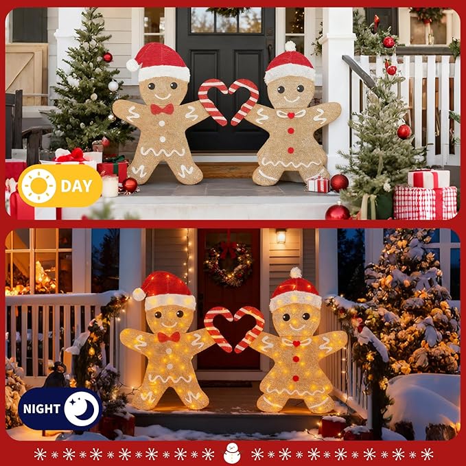 2D Light Up Gingerbread Man Christmas Decorations, 32 Inch Lighted Christmas Outdoor Decorations Yard with 100L, 2Pcs Gingerbread Man Couple Xmas Festive Holiday Front Garden Patio Yard Lawn Display