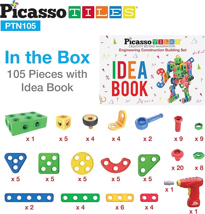 Picasso Toys STEM Learning Toys 105 Piece Building Block Set Kids Construction Engineering Kit Toy Blocks Children Early Education Playset w/IdeaBook, Power Drill, Clickable Ratchet, Age 3+ PTN105