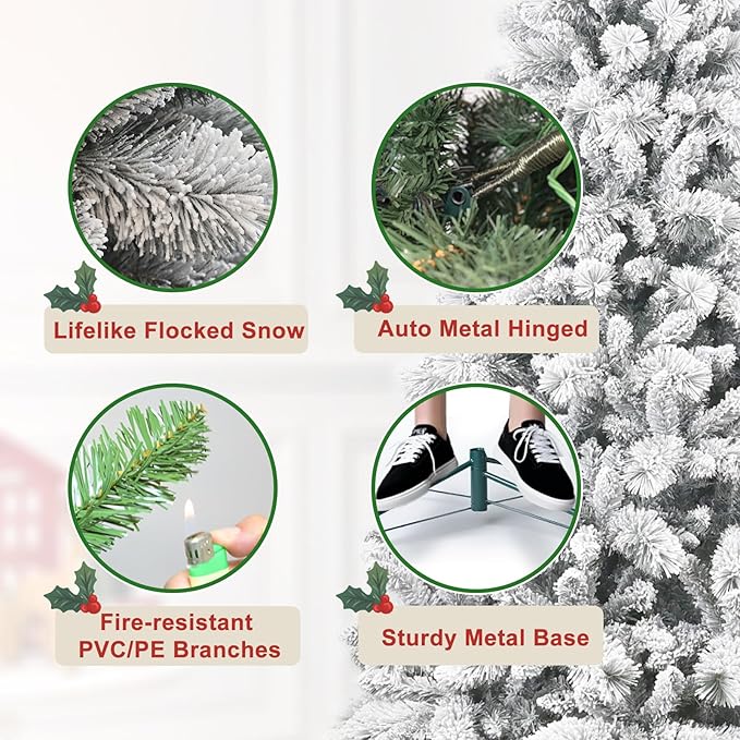 8 Ft Unlit Snow Flocked Christmas Tree, Artificial Xmas Tree with 1445 PVC/PE Realistic Branch Tips, Metal Stand Decor for Holiday, Party, Home Easy to Assemble