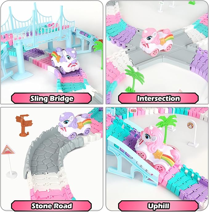 268 PCS Unicorn Race Tracks for Kids Toys, Glow in The Dark Magic Toy Set, 2 Unicorn Cars Track, Flexible DIY Track Set, Birthday Gift for Age 3-9 Boys Toddler Girls