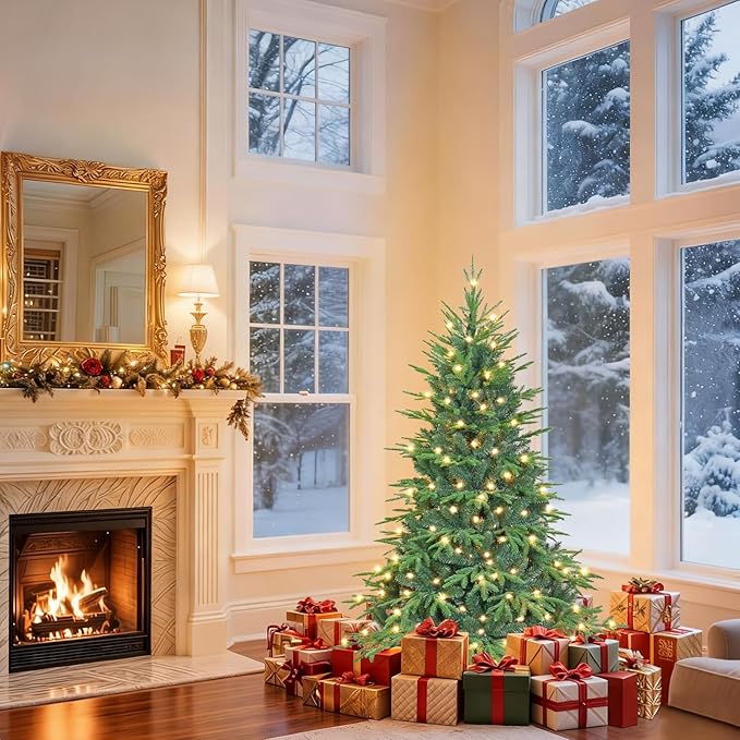 4ft Prelit Artificial Christmas Tree with 907 PE PVC Tips, Premium Pre-Lit Holiday Xmas Tree with 150 UL Incandescent Lights, Metal Hinges & Foldable Base for Home Office Party, Green