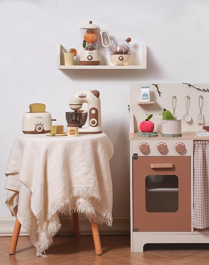 ROBUD Pretend Play Kitchen Appliances, Kids Play Kitchen Toy Food Set with Egg Steamer, Mixer, Toaster, and Blender with Realistic Sounds, Play Kitchen Accessories forToddlers (4-Set)