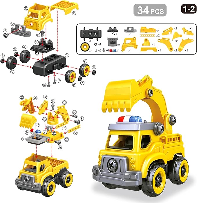 4-in-1 Take Apart Car Toys for Boys, DIY Engineering Construction Truck Toy Vehicle - Dump Truck, Cement Mixer, Excavator, Crane, Kids Building Educational Toy Gift for Age 3 4 5 6 7 8 Year Old Girls