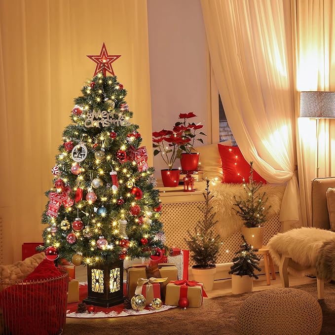 4.5 ft Green Christmas Tree, Pre-Lit Artificial Potted Xmas Tree with 300 Led Lights, 8 Lighting Modes, Antique Urn Base Design, Dense Branch Realistic Home Party Decoration w/Easy Assembly，2 PCS