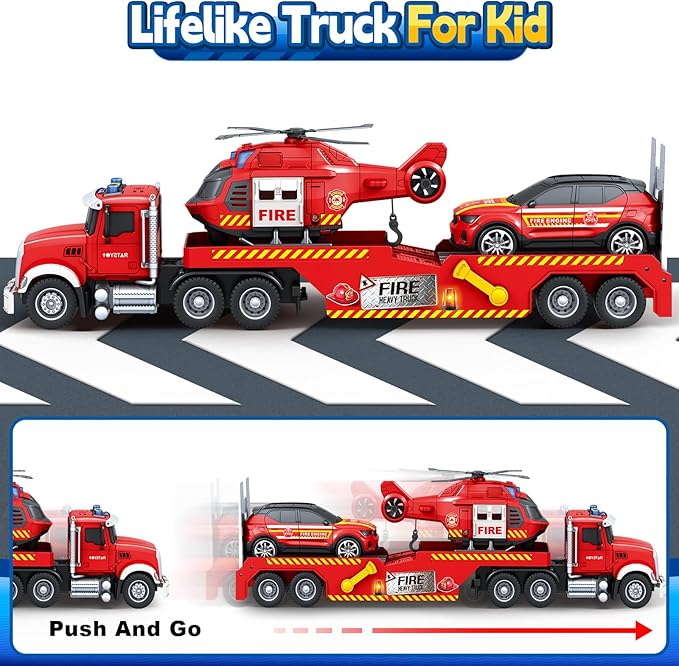 SpringFlower Extra Large Fire Truck Toys for Boys Girls with Racing Car and Helicopter, Lights, Sounds, Semi Truck Vehicle Toy for Toddlers 3 4 5 6 7, Christmas Birthday Gift