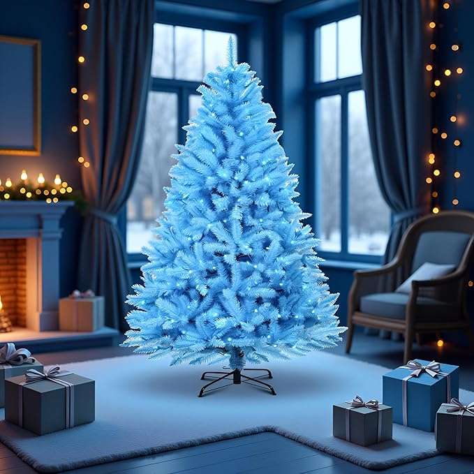 YULETIME 6.5ft Pre-Lit Blue Christmas Tree, Artificial Holiday Decorative Tree with UL Listed 300 Blue LED Christmas Lights (Blue)
