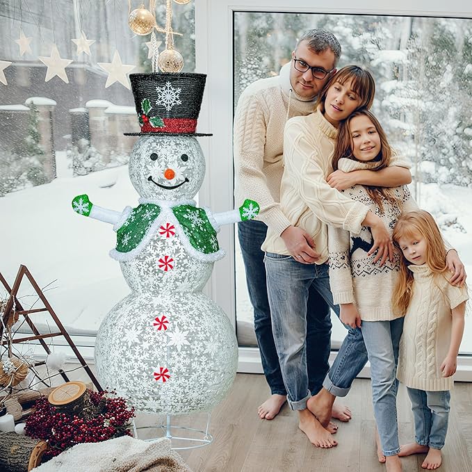 Lighted Snowman Christmas Decorations, 4.1FT Large Collapsible Outdoor Snowman with Green Scarf and Vest, Pop Up Snowman for Indoor/Outside Yard Xmas Lawn Decor