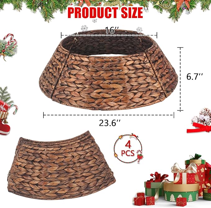 Christmas Tree Collar 24'' D Handmade Hyacinth Tree Collar Basket Rattan Wicker Christmas Woven Tree Ring Stand Base Cover for Christmas Holiday Decoration-Brown Washed