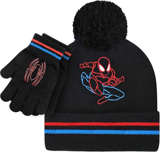 Marvel Spider-Man Kid’s Winter Hat and Snow Gloves for Boys and Toddlers, 2 Pc. Set, Pom-Pom Beanie with Warm Mittens