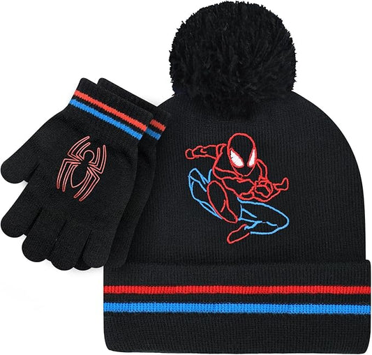 Marvel Spider-Man Kid’s Winter Hat and Snow Gloves for Boys and Toddlers, 2 Pc. Set, Pom-Pom Beanie with Warm Mittens