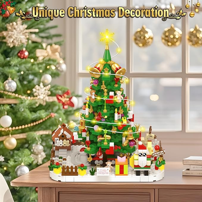 Shemira Advent Calendar 2025 Christmas Tree Building Toy Set with LED light, 24 Days Christmas Countdown Calendar Building Blocks, Advent Calendar Christmas Gifts for Adults Teens Kids Ages 6+