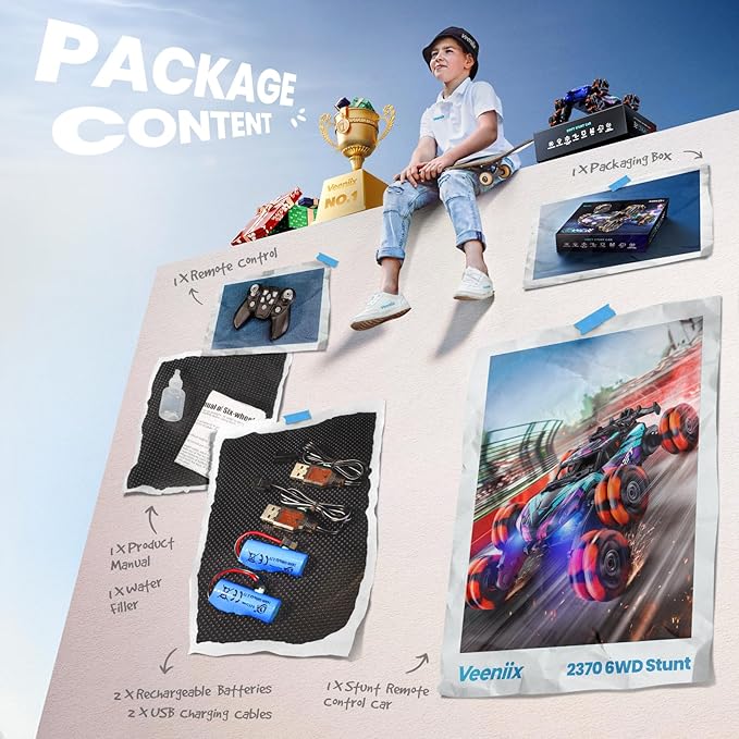 2370 Six-Wheel RC Stunt Car,6WD Cool Drift Remote Control Car,Double-Sided Driving,360° Flips Rotating,with Spray and Light Effects,Toys for Ages 8-13 Kids,Ideal Gift for Boys and Girls