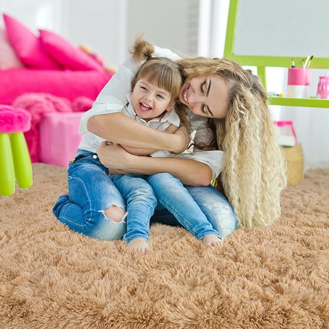 Ompaa Beige Area Rug 9x12 Rugs Large Living Room Fluffy Carpet for Bedroom Dorm, Non-Slip High Pile, Light Tan Modern Big Shag Rug for Classroom Kids Playroom Nursery Home Office Decor