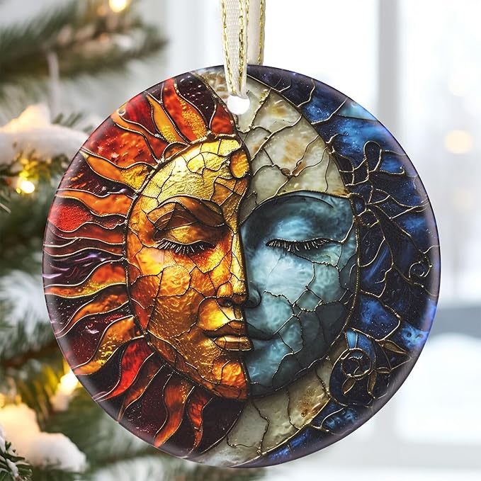 3.5 Inch Ceramic Christmas Tree Ornament, Sun and Moon Christmas Ornaments, Heirloom Keepsake, Gift Exchange, Gift Idea, Bauble Present