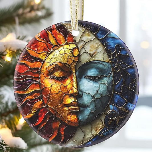 3.5 Inch Ceramic Christmas Tree Ornament, Sun and Moon Christmas Ornaments, Heirloom Keepsake, Gift Exchange, Gift Idea, Bauble Present