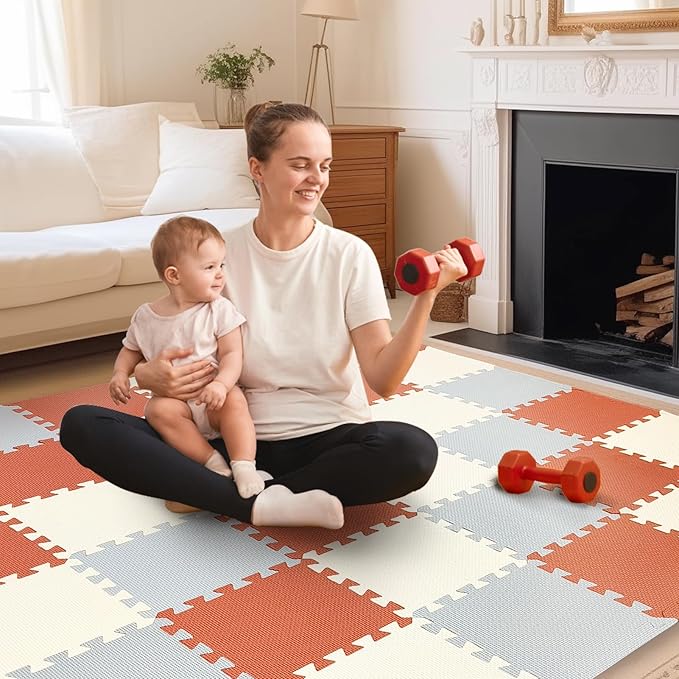 TCBunny Kids Soft EVA Foam Jigsaw Puzzle Play Mat, 36 Interlocking Tiles and Edges Baby Play Mat, for Kids Gym, Nursery, Playroom, Pet Mat, Total Floor Coverage 32 Sq Ft, Red/Grey/Beige